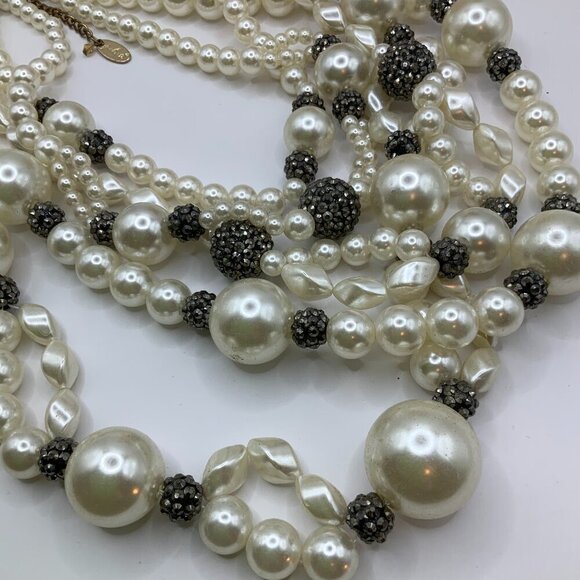 Julies B Multi Strands Faux Pearls Black Hematite Rhinestone Rondelles Necklace - Picture 1 of 8